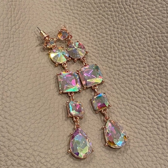 Rhinestone Statement Earrings Aurora Borealis VERY sparkly Spring Rose Gold Tone - Picture 12 of 16